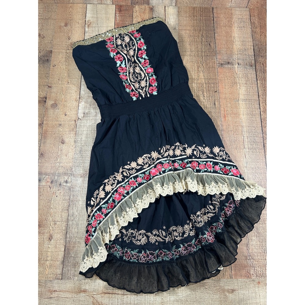 Strapless Hi Lo Floral Embroidered Lace Boho Cottagecore XL Dress Gold Black